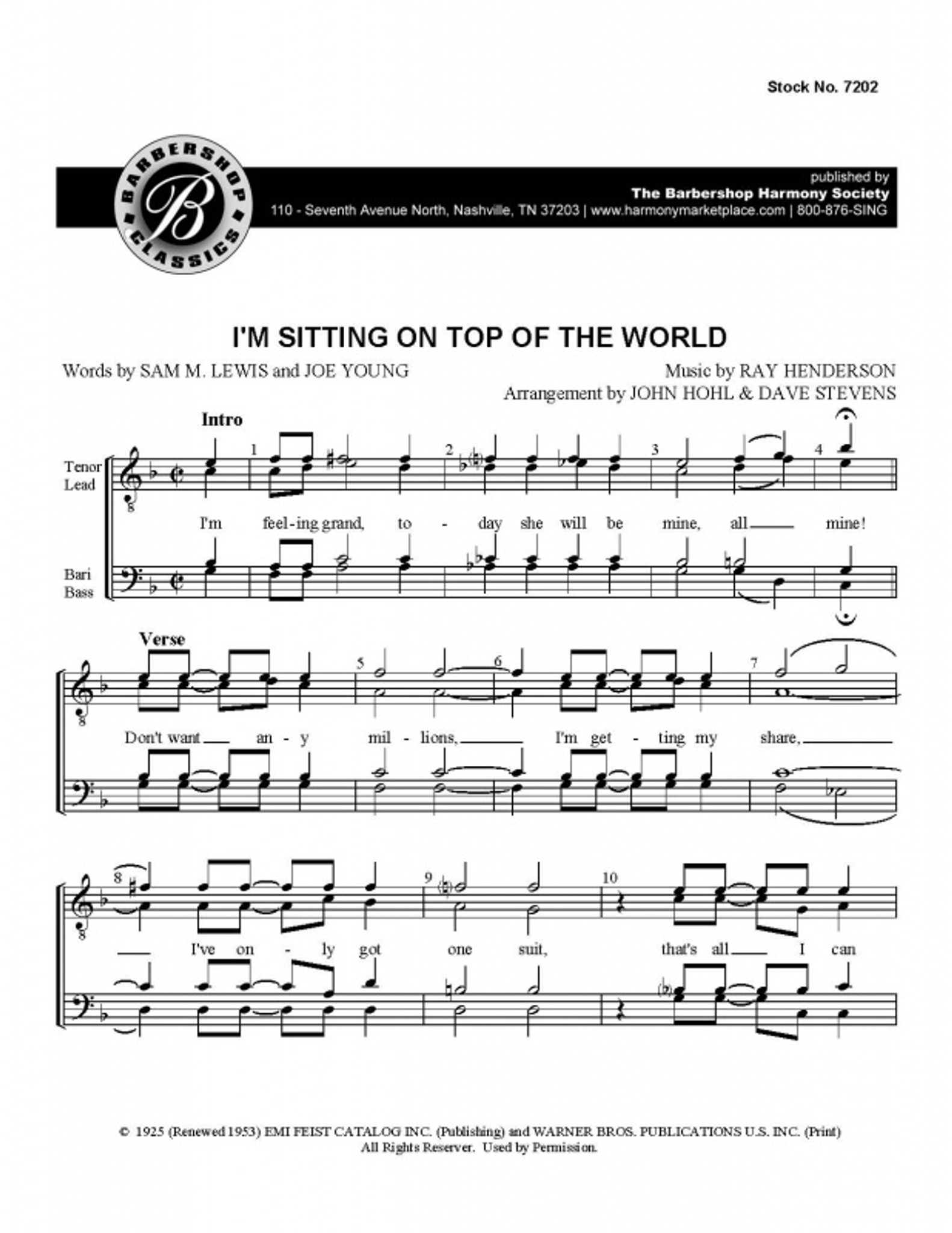On Top of the World (TTBB) (arr. Hohl & Stevens) - Barbershop Harmony Society
