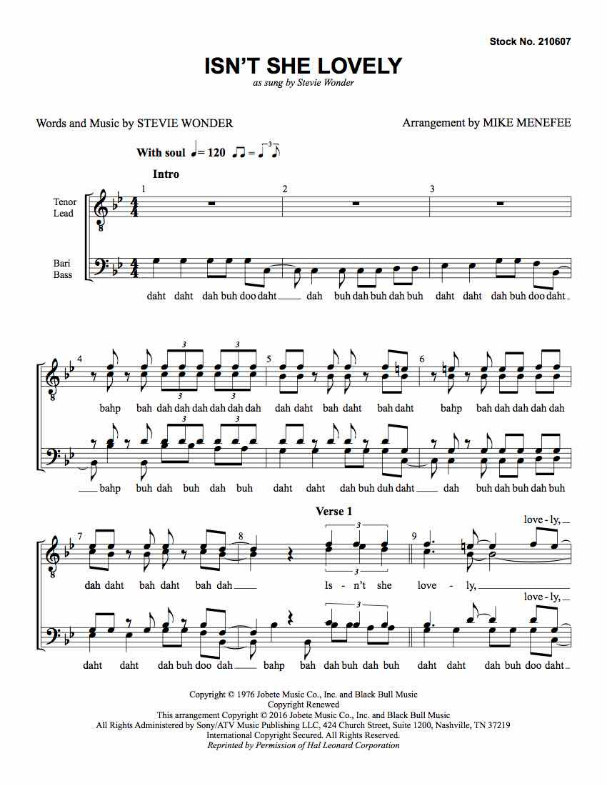 S Arr Menefee Ttbb Ttbb Sheet Music Wonder Stevie Wonder Isn T She Lovely Muziekinstrumenten Partituren Liedboeken