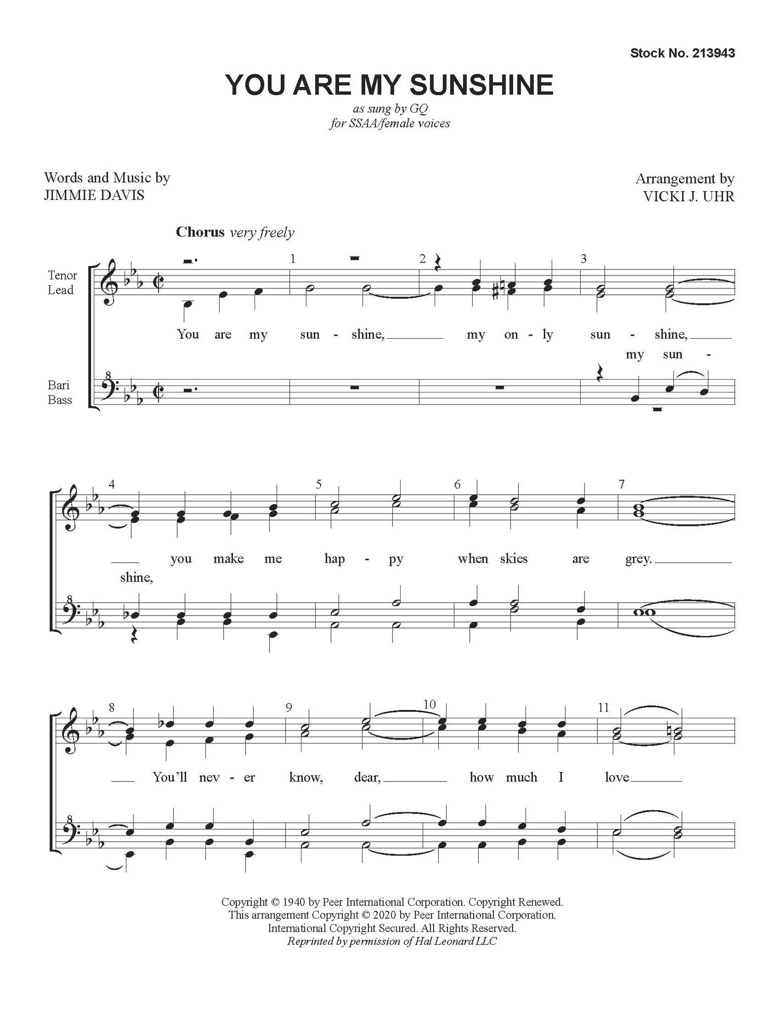 You Are My Sunshine (SSAA) (arr. Uhr) - Barbershop Harmony Society
