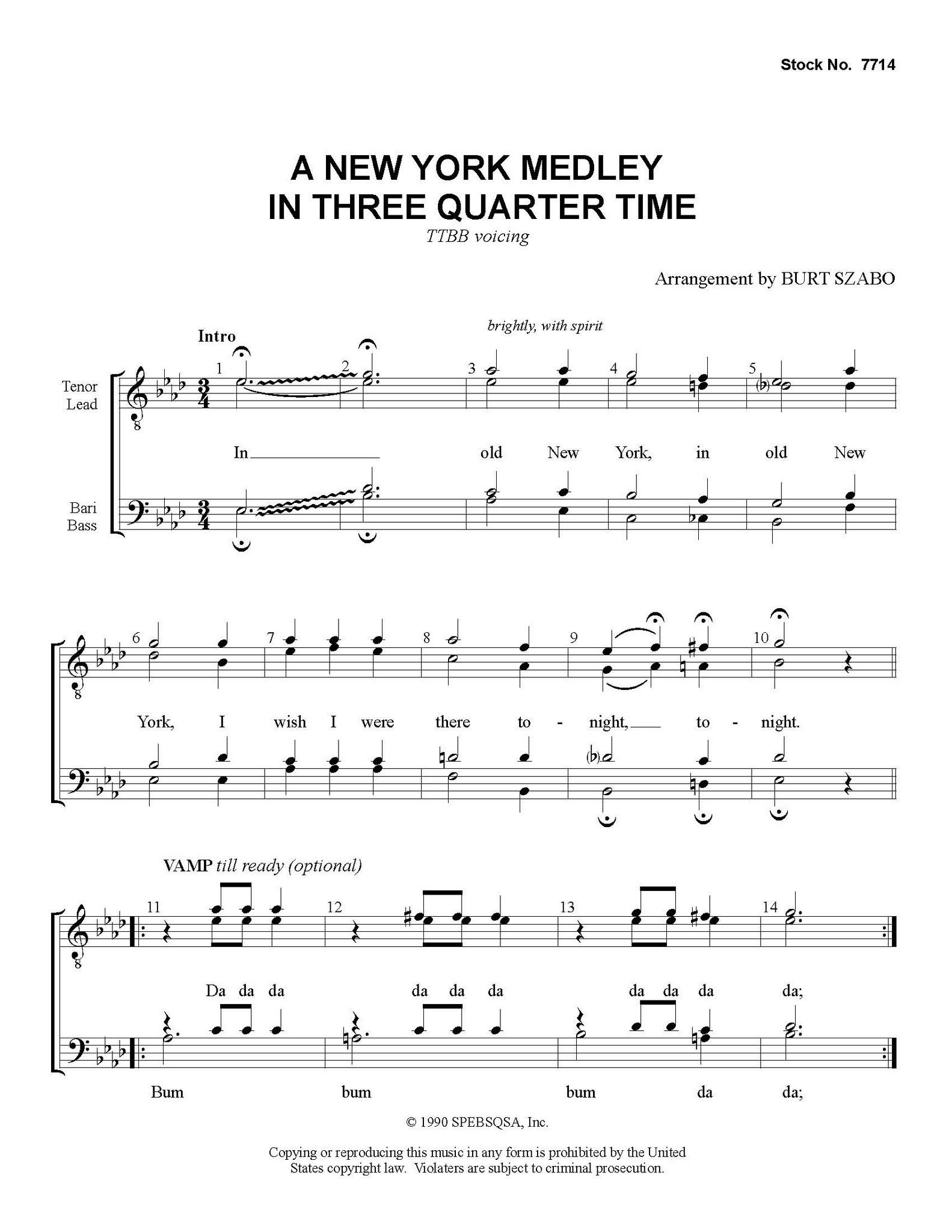 A New York Medley In Three Quarter Time (TTBB) (arr. Szabo) Download