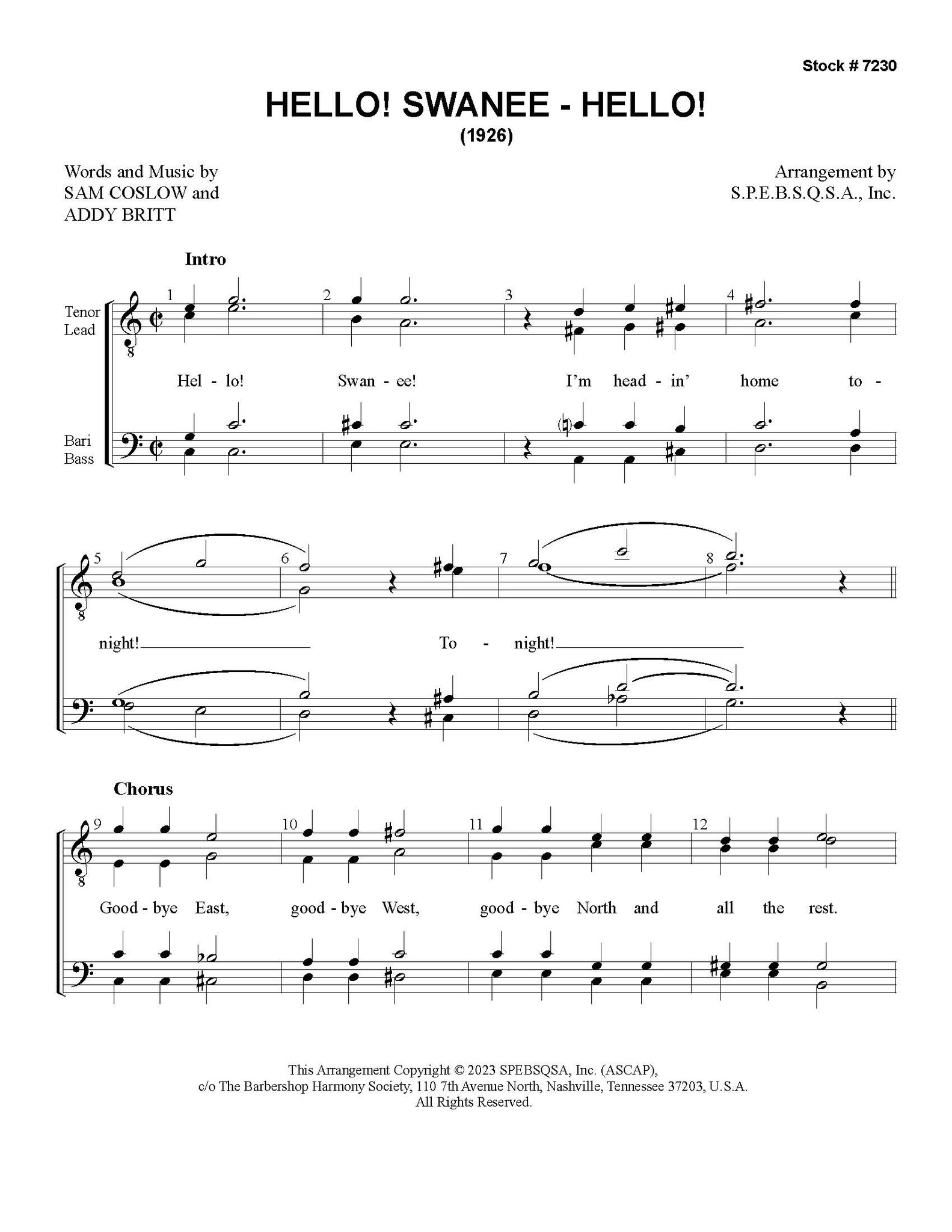 Hello! Swanee-Hello! (TTBB) - Download - Barbershop Harmony Society