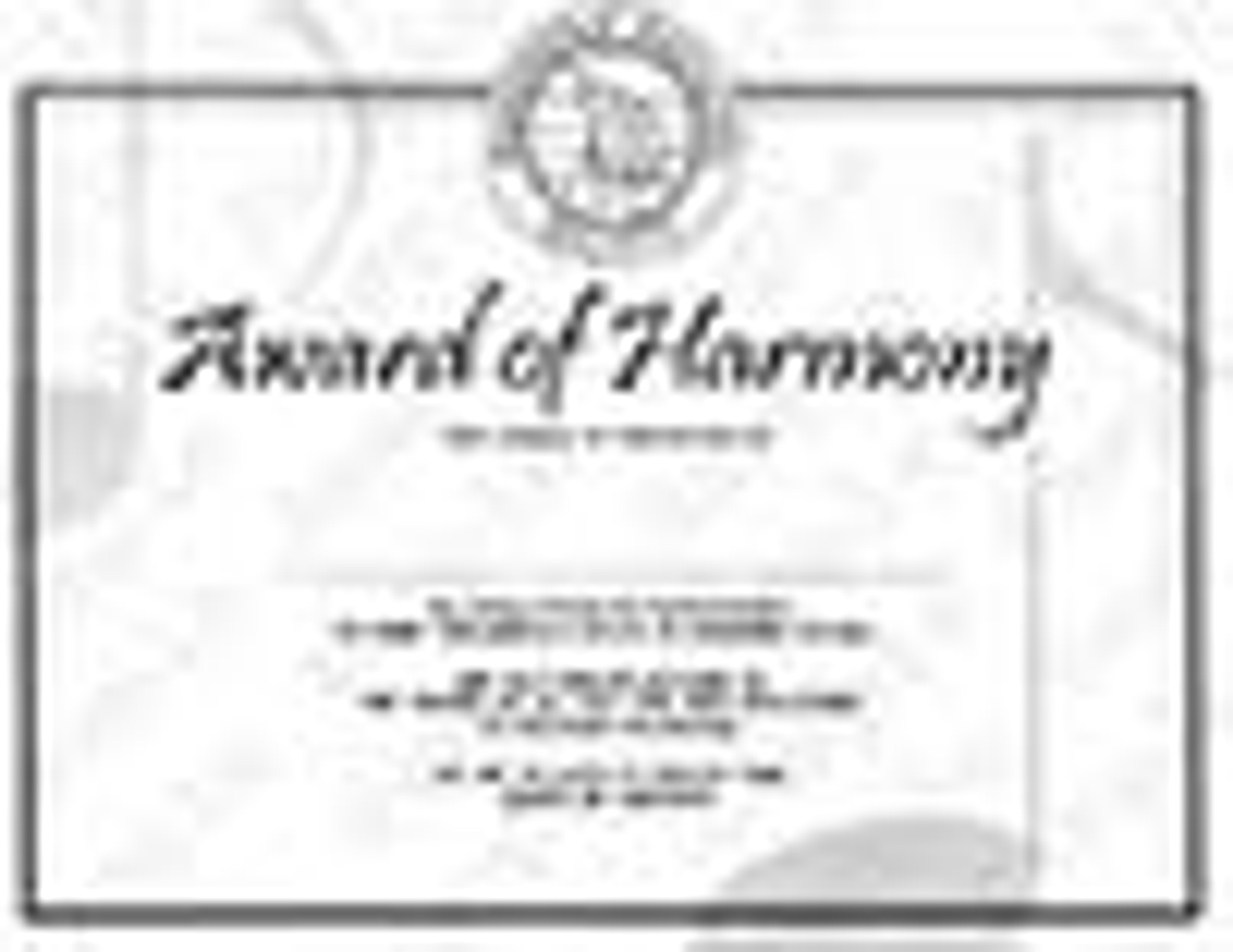 Award of Harmony Certificate - Barbershop Harmony Society