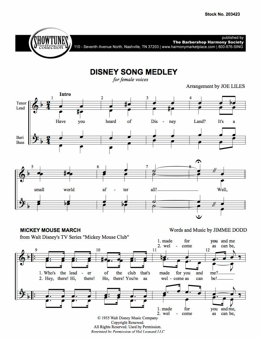 Disney Song Medley Ssaa Arr Liles Barbershop Harmony Society