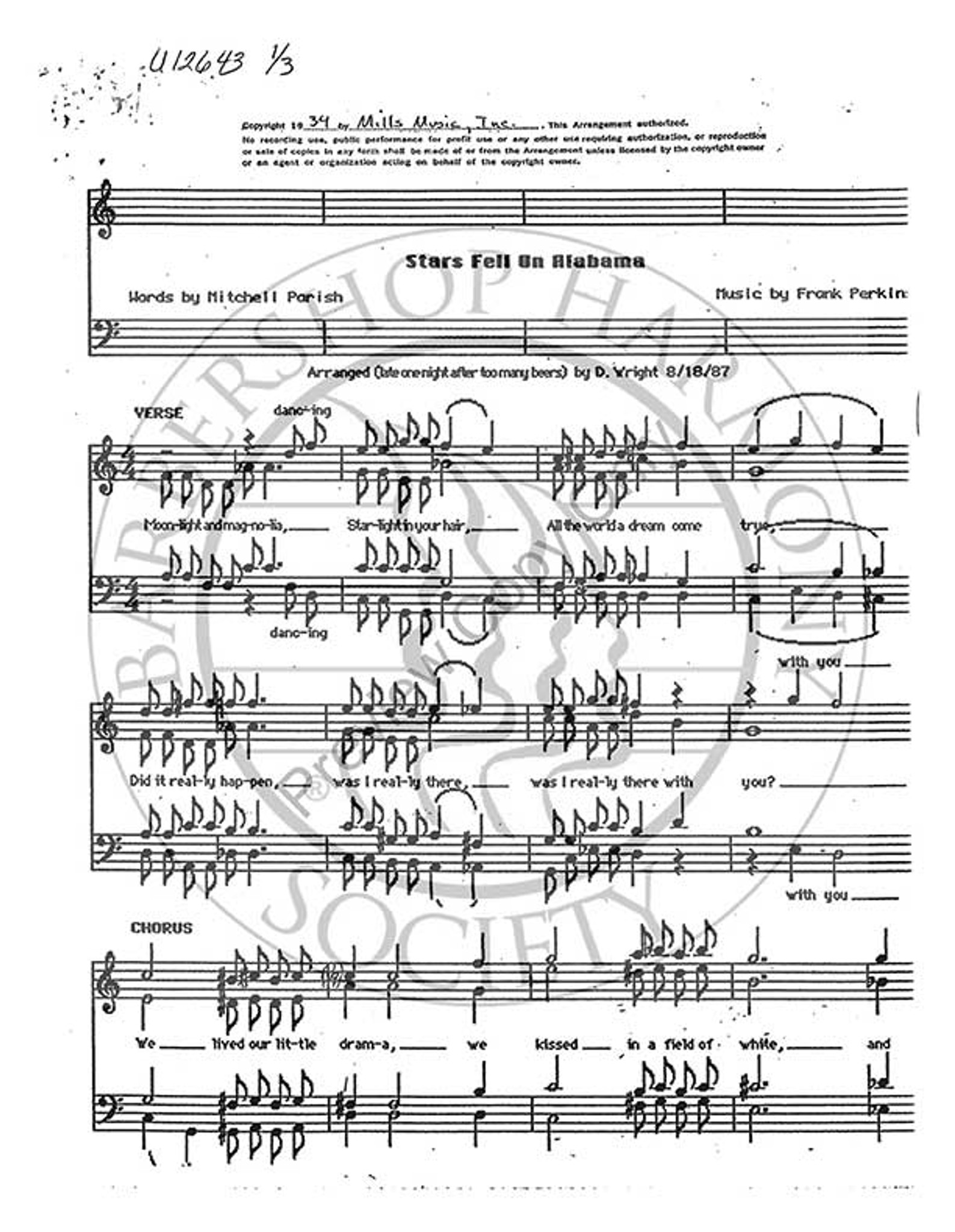 Stars Fell On Alabama 1 Ttbb Arr David Wright Unpub Barbershop Harmony Society