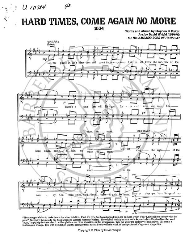 Hard Times Come Again No More Ttbb Arr David Wright Unpub Barbershop Harmony Society