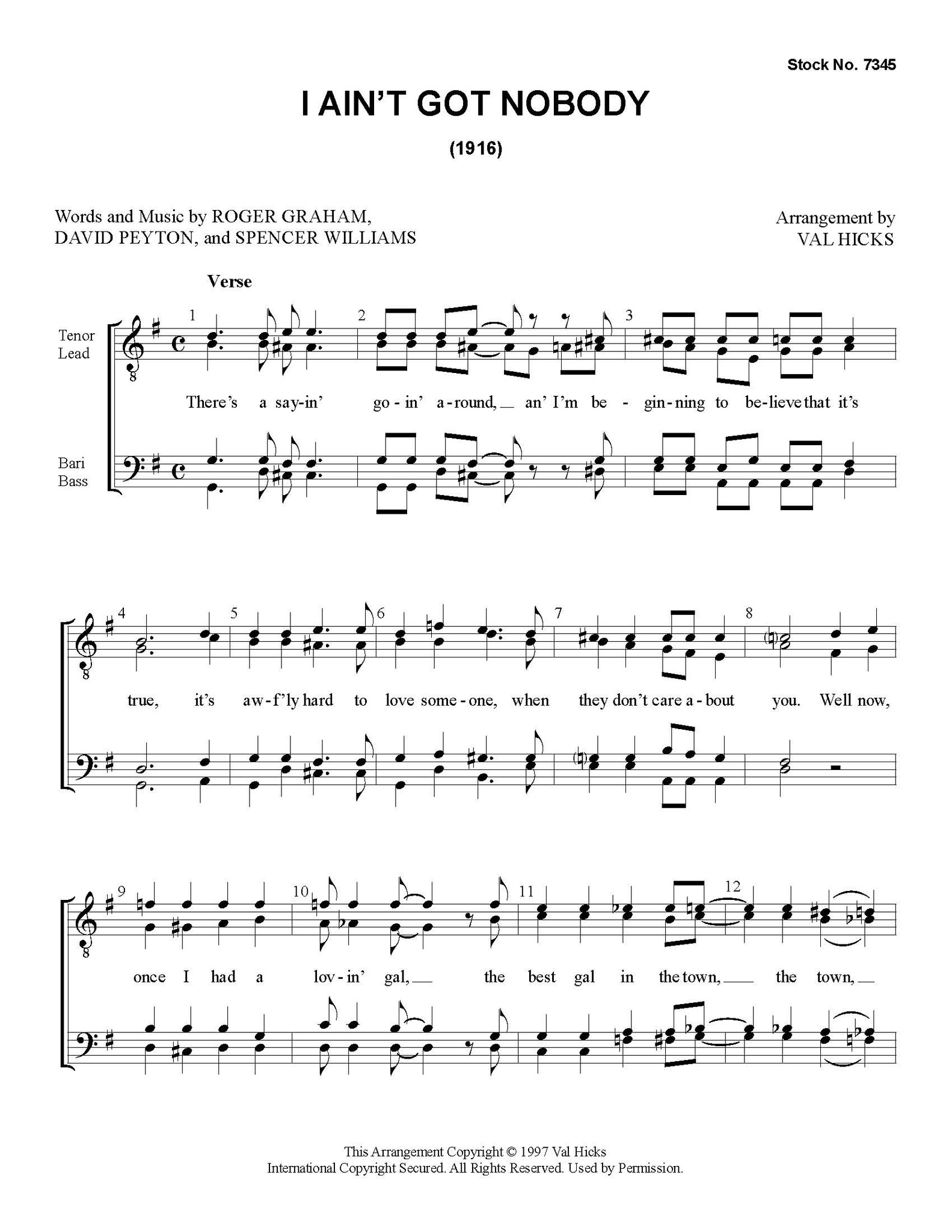 I Ain't Got Nobody (TTBB) (arr. Hicks) Harmony Society