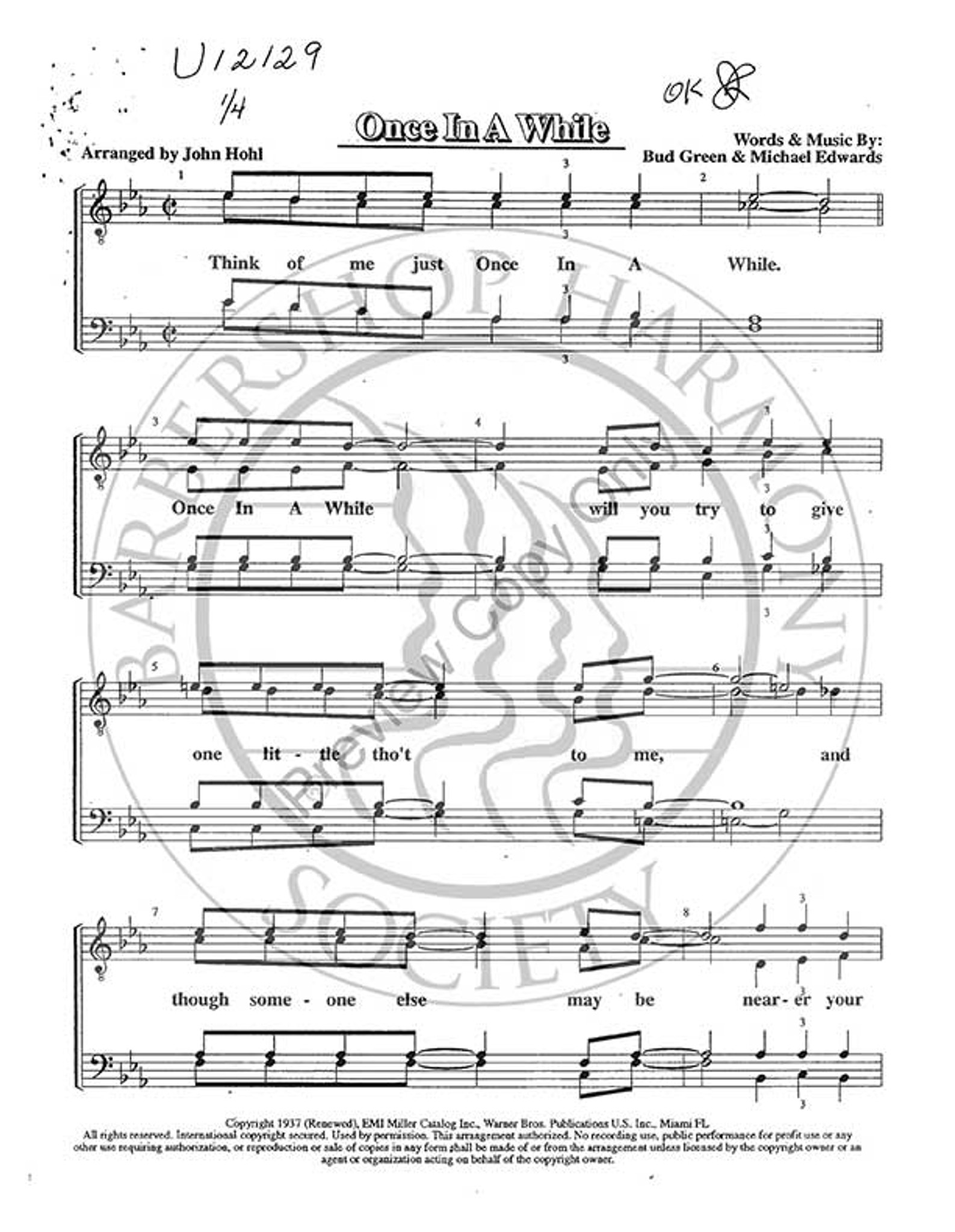 Once In A While (TTBB) (arr. John Hohl)-Download-UNPUB