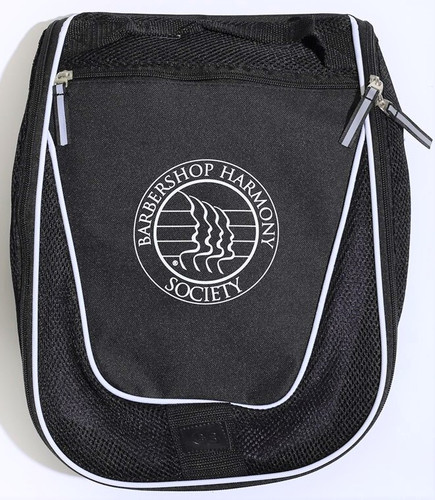 Top carry handle.

Zipper front and pocket closures.

Front compartment for additional storage. 

Mesh design adds style to shoe bag and helps air out shoes after playing a long outing.

Sleek black fabric with white piping. 

Say "Bon voyage" to average and say "hello" to the Voyager Shoe Bag. The mesh sides of the main compartment are designed to let shoes dry while you're on the go. Store socks, shoe polish, or any other accessories in the zippered front pocket for easy access. Use the convenient top carry handle for one-handed transportation. Holds up to a men's size 15 shoe.
Made from black 600D polyester fabric with white accents and the BHS logo in white by Goldbond Worldwide.   

15" H x 12" W x 4" D.