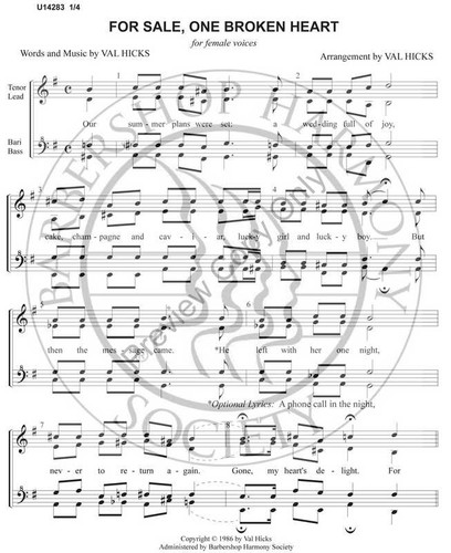 For Sale, One Broken Heart (SSAA) (arr. Val Hicks)-UNPUB