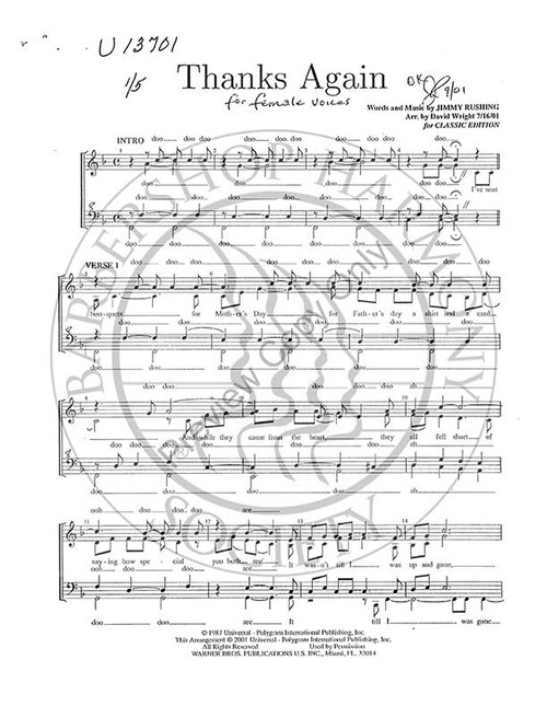 Thanks Again (SSAA) (arr. David Wright)-Download-UNPUB