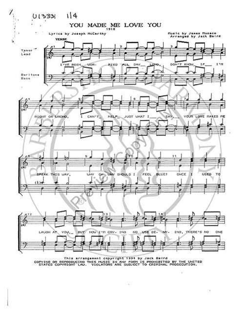 You Made Me Love You (TTBB) (arr. Jack Baird)-Download-UNPUB