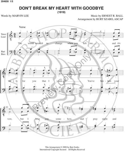 Don't Break My Heart With Goodbye (TTBB) (arr. Burt Szabo)-Download-UNPUB