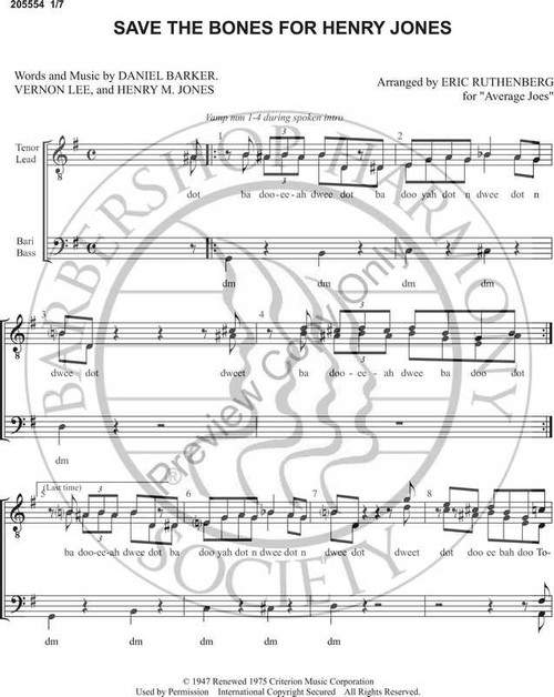 Save The Bones For Henry Jones 1 (TTBB) (arr. Eric Ruthenberg)-Download-UNPUB