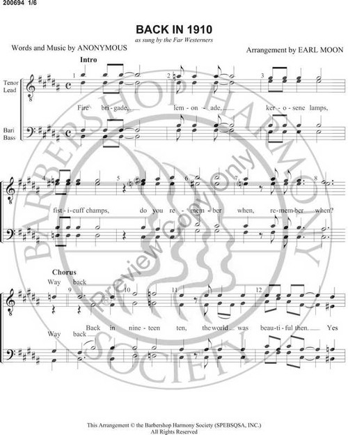 Back In 1910 (TTBB) (arr. Earl Moon)-Download-UNPUB