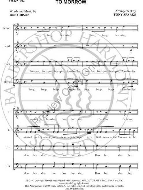 To Morrow 1 (TTBB) (arr. Tony Sparks)-Download-UNPUB