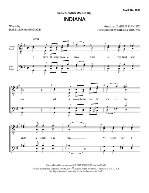 Indiana (Back Home Again In Indiana) (TTBB) (arr. Brown)