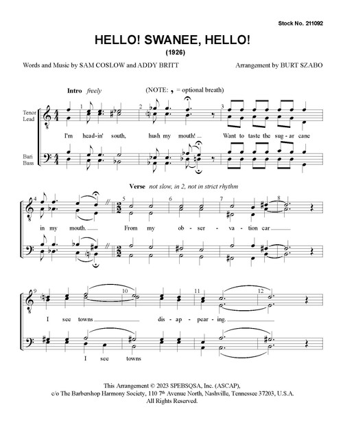 Hello! Swanee, Hello! (TTBB) (arr. Szabo) - Download