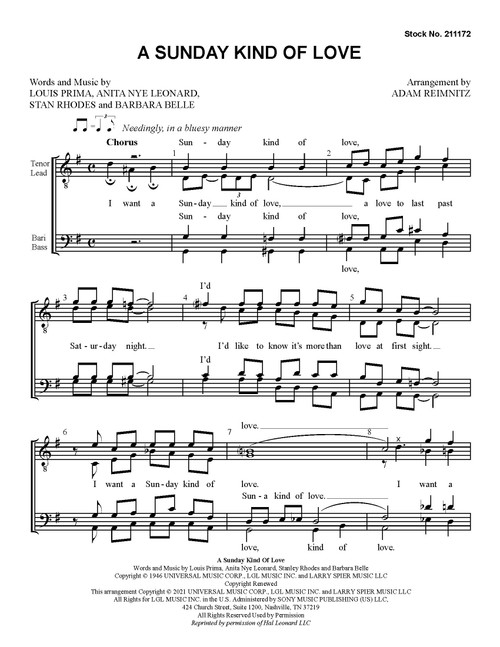 A Sunday Kind of Love (TTBB) (arr. Reimnitz)