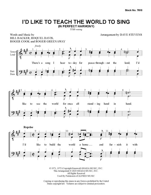 I'd Like To Teach The World To Sing (TTBB) (arr. Stevens)