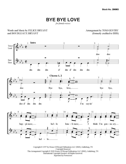 Bye Bye Love (SSAA) (arr. Gentry) - Download