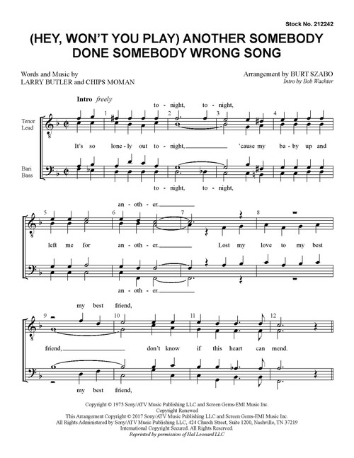 (Hey, Won't You Play) Another Somebody Done Somebody Wrong Song (TTBB) (arr. Szabo)