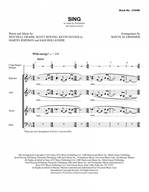 Sing (SATB) (arr. Grimmer) - Download