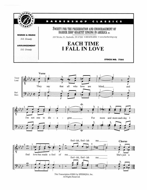 Each Time I Fall In Love (TTBB) (arr. Grundy) - Download