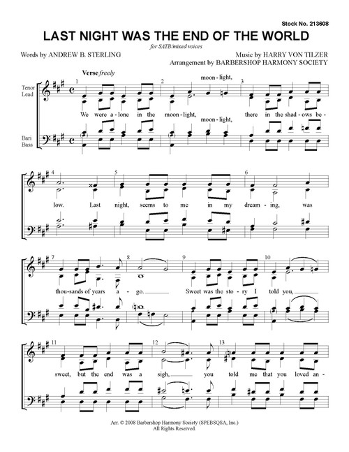 Last Night Was the End of the World (SATB) (arr. BHS)