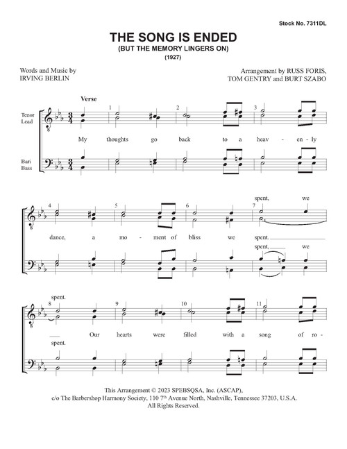 The Song Is Ended (But the Melody Lingers On) (TTBB) (arr. Foris/Gentry/Szabo) - Download