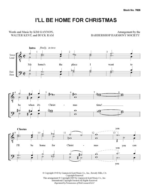 I'll Be Home for Christmas (TTBB) (arr. BHS) - Download