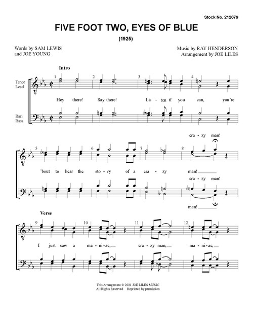 Five Foot Two, Eyes of Blue (Has Anybody Seen My Girl?) (TTBB) (arr. Liles) - Download