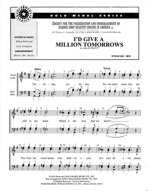 I'd Give A Million Tomorrows (TTBB) (arr. Rector) - DOWNLOAD