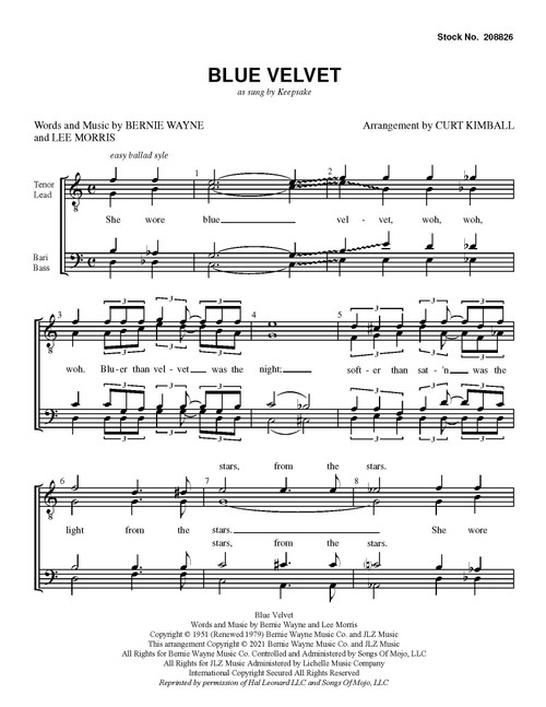 Blue Velvet (TTBB) (arr. Kimball) - Download