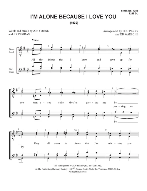 I'm Alone Because I Love You (TTBB) (arr. Perry/Waesche) - Download