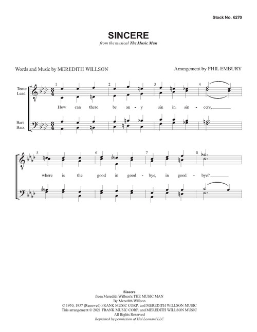 Sincere (from "The Music Man") (TTBB) (arr. Embury) - Download