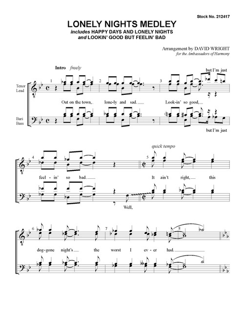 Lonely Nights Medley (TTBB) (arr. Wright)  - Download