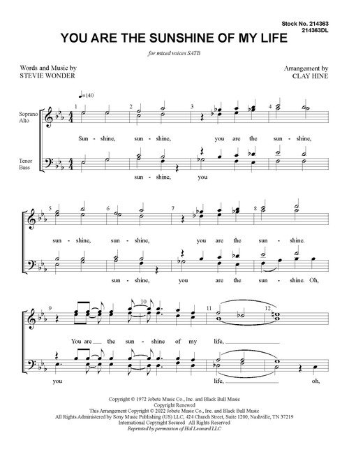 You Are The Sunshine of My Life  (SATB) (arr. Hine) - Download