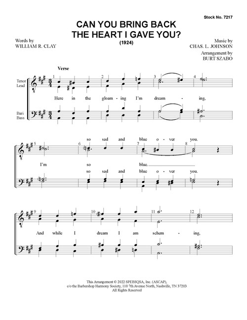 Can You Bring Back The Heart I Gave You? (TTBB) (arr. Szabo) - Download