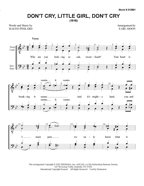 Don't Cry, Little Girl, Don't Cry (TTBB) (arr. Moon) - Download