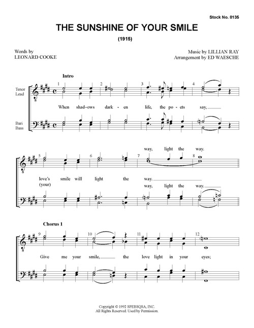 The Sunshine Of Your Smile (TTBB) (arr. Waesche) - Download