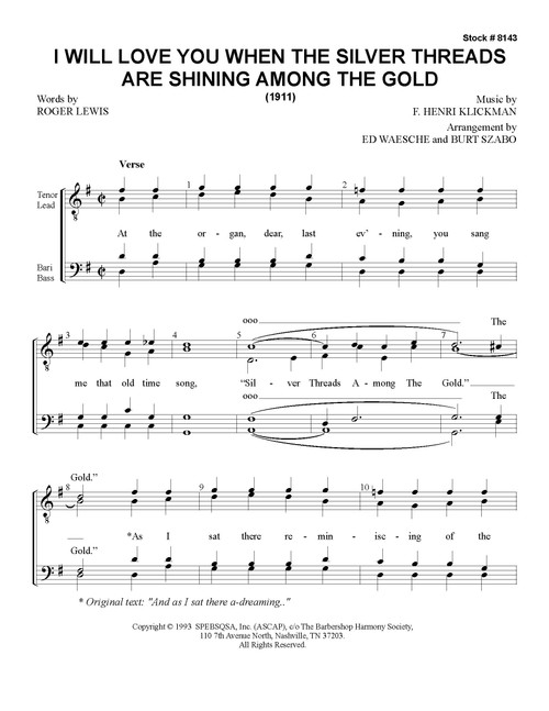 I Will Love You When the Silver Threads are Shining Among the Gold (TTBB) (Szabo/Waesche) - Download
