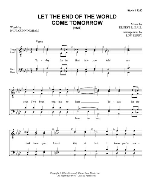 Let The End Of The World Come Tomorrow (TTBB) (arr. Perry) - Download