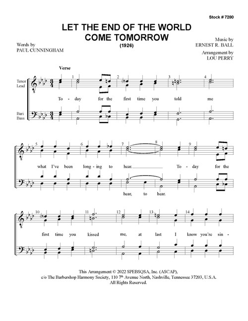 Let The End Of The World Come Tomorrow (TTBB) (arr. Perry) - Download