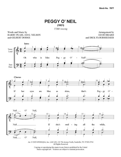 Peggy O Neil (TTBB) (arr. Hubbard/Floersheimer) - Download