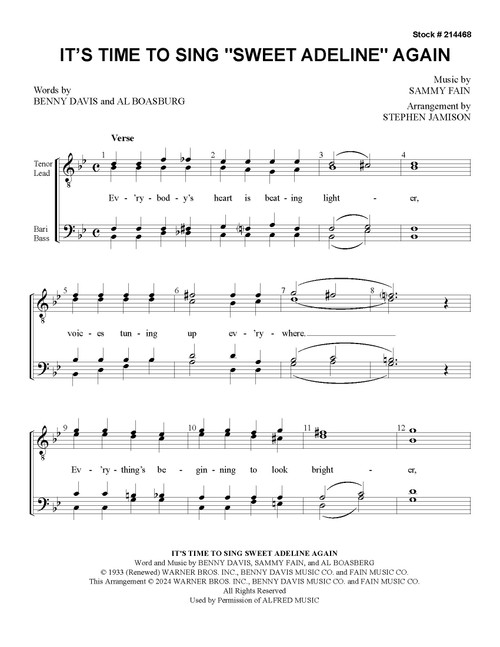 It's Time To Sing "Sweet Adeline" Again (TTBB) (Jamison) - Download