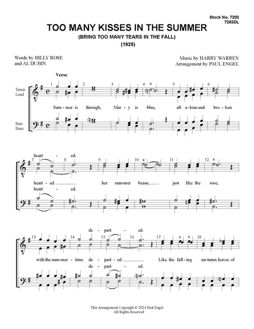 Too Many Kisses In The Summer (TTBB) (arr. Engel)