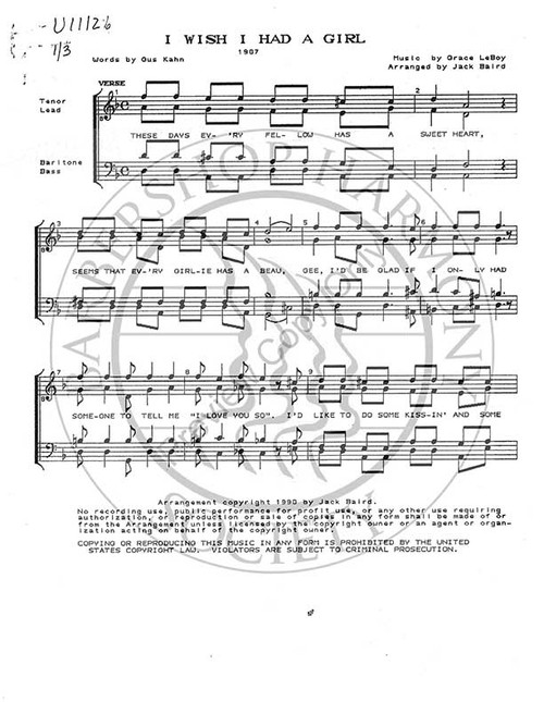 I Wish I Had A Girl (TTBB) (arr. Jack Baird)-UNPUB