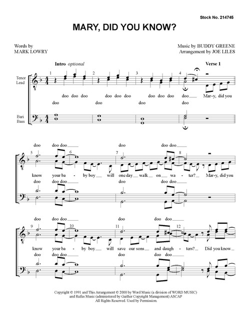 Mary, Did You Know? (TTBB) (arr. Liles) Mary, Did You Know? (TTBB) (arr. Liles)