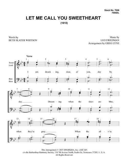 Let Me Call You Sweetheart (TTBB) (arr. Lyne)