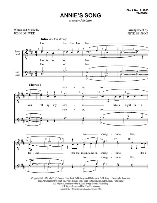 Annie's Song (TTBB) (arr. Benson) - Download Annie's Song (TTBB) (arr. Benson) - Download